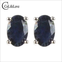 CoLife Jewelry Black Sapphire Earrings for Office Woman 4*6mm Natural Black Sapphire Stud Earrings 925 Silver Sapphire Jewelry