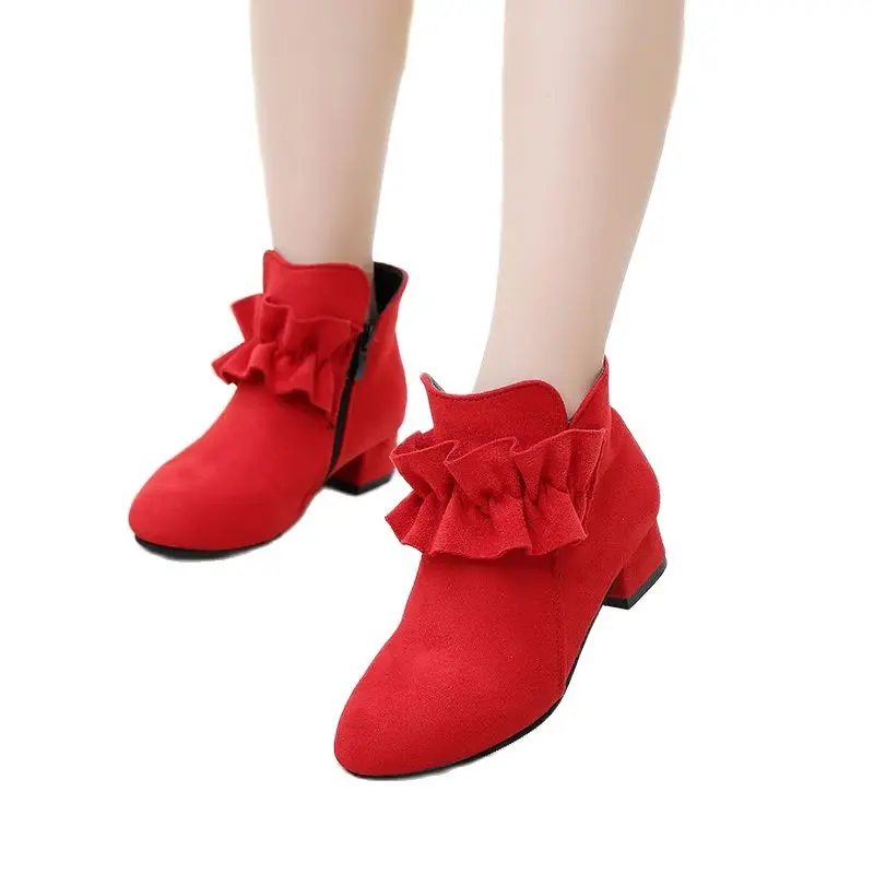 

Children Single Shoes For Girls Kids Tassels Bowknot Martin Boots Autumn Winter Soft Bottom Short Boots Red Black Pink