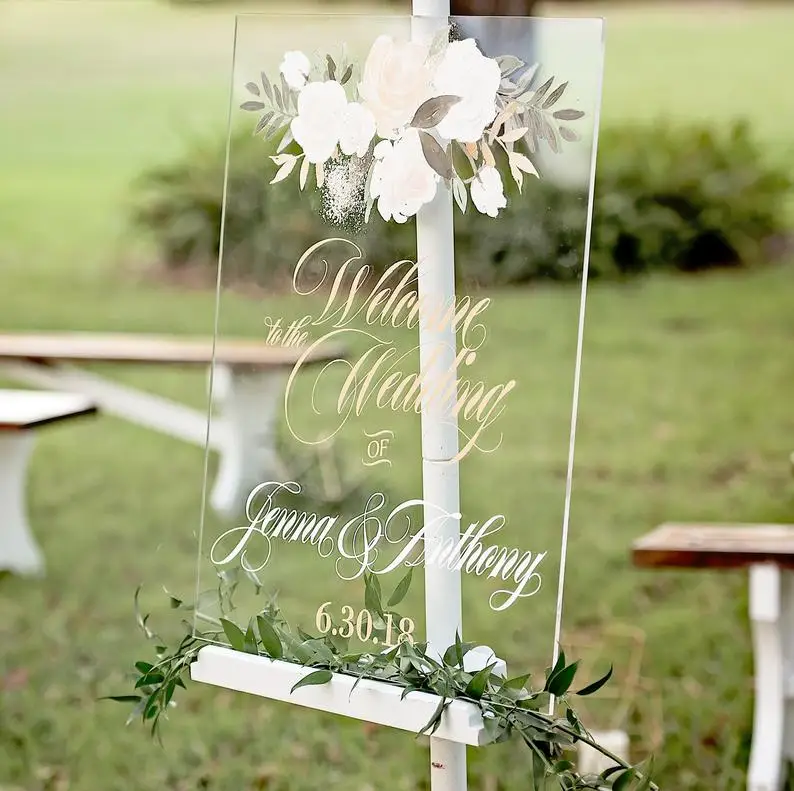 Acrylic Wedding Sign Welcome Sign Clear Personalized Names Floral Design