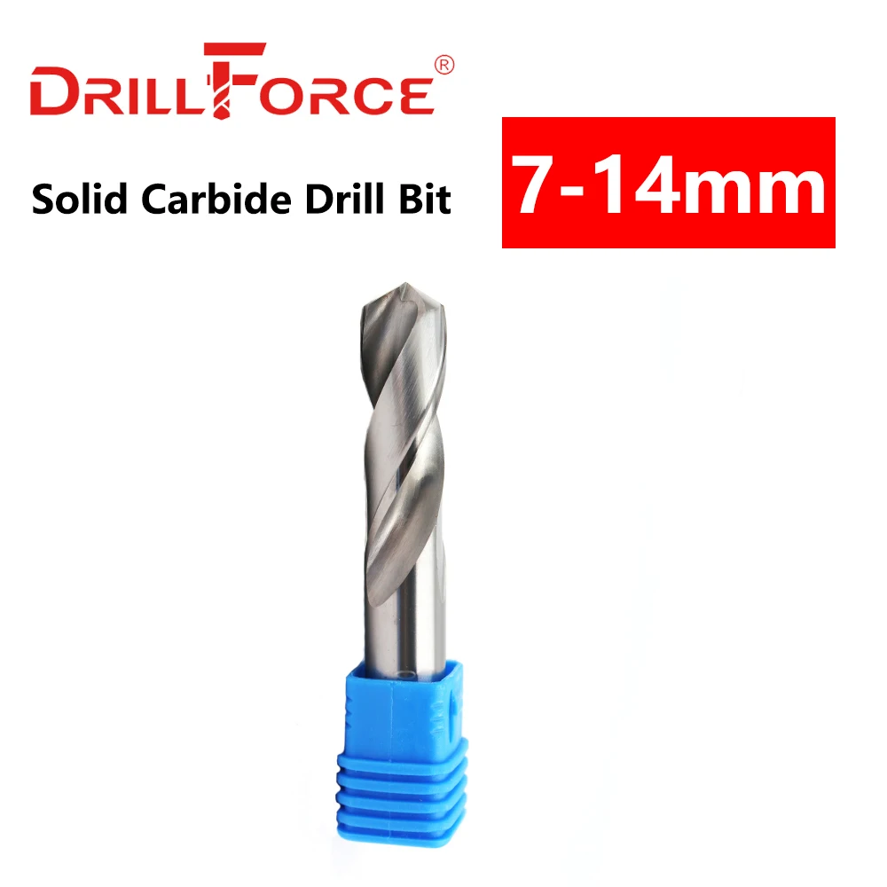 Drillforce 1PC 7mm-14mm Solid Carbide Drill Bit, Uncoated (Bright) Finish, Round Shank, Spiral Flute Twist Drill Bit For Metal