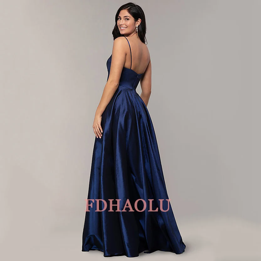 Customized Vestido De Festa Navy Blue Long Prom Dresses Sexy V Neck Green Satin Evening Party Gown A-line платье вечернее