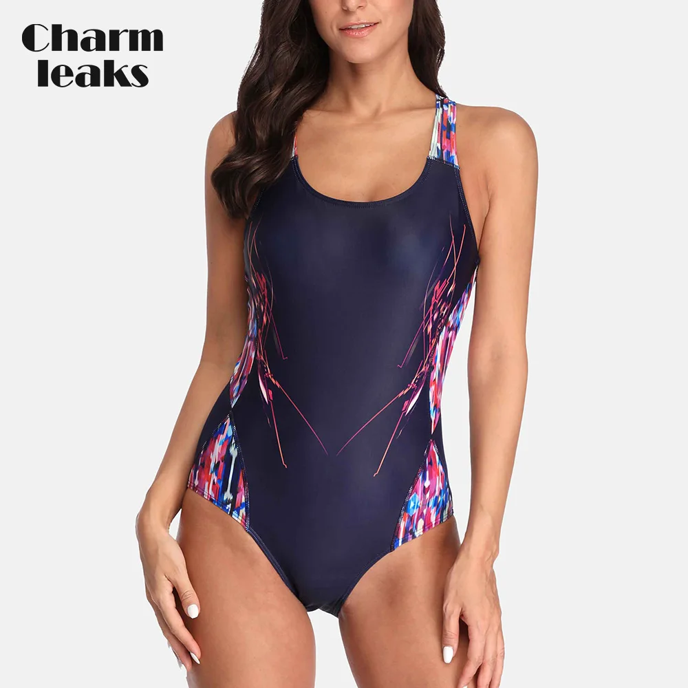 Charmleaks Women One Piece Sports Swimsuit Professional Sports Swimwear Colorblock Print Beach Wear Bathing Suit