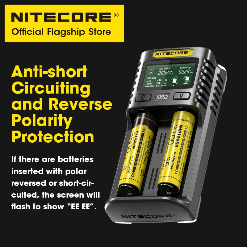 NITECORE UMS2 Intelligent USB Dual-slot Battery Charger QC Fast Charging Plug for IMR Li-ion LiFePO4 Rechargeable Batteries