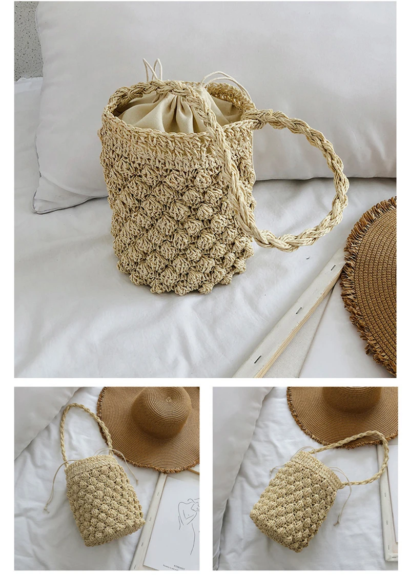 Yogodlns Sommer Stroh Umhängetasche Frauen Große Kapazität Rattan Eimer Tasche Handarbeit Gewebt Strand Tasche Mode Urlaub Handtasche Tote – Detail 19