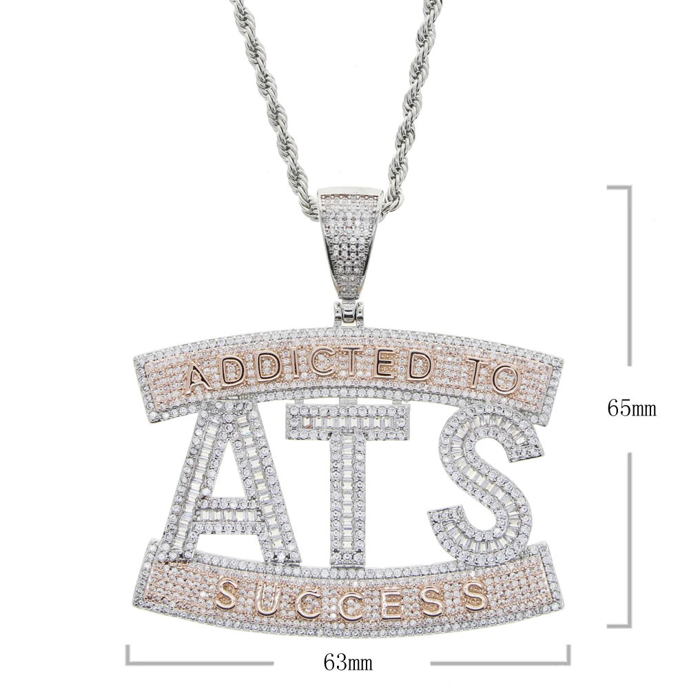 New Iced Out Bling 5A Zircon CZ Letter ATS Pendant Necklace Gold Color Addicted To Success Charm Men Women Hiphop Jewelry