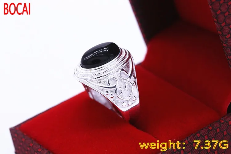 

S999 sterling silver platinum men's black agate oval ring retro Korean fashion domineering