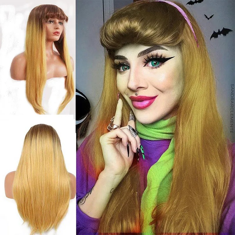 

Long Blonde Synthetic Lace Front Wigs for Women Natural Hairline Brown Ombre Blonde Synthetic Wig with Bangs Glueless Heat Fiber