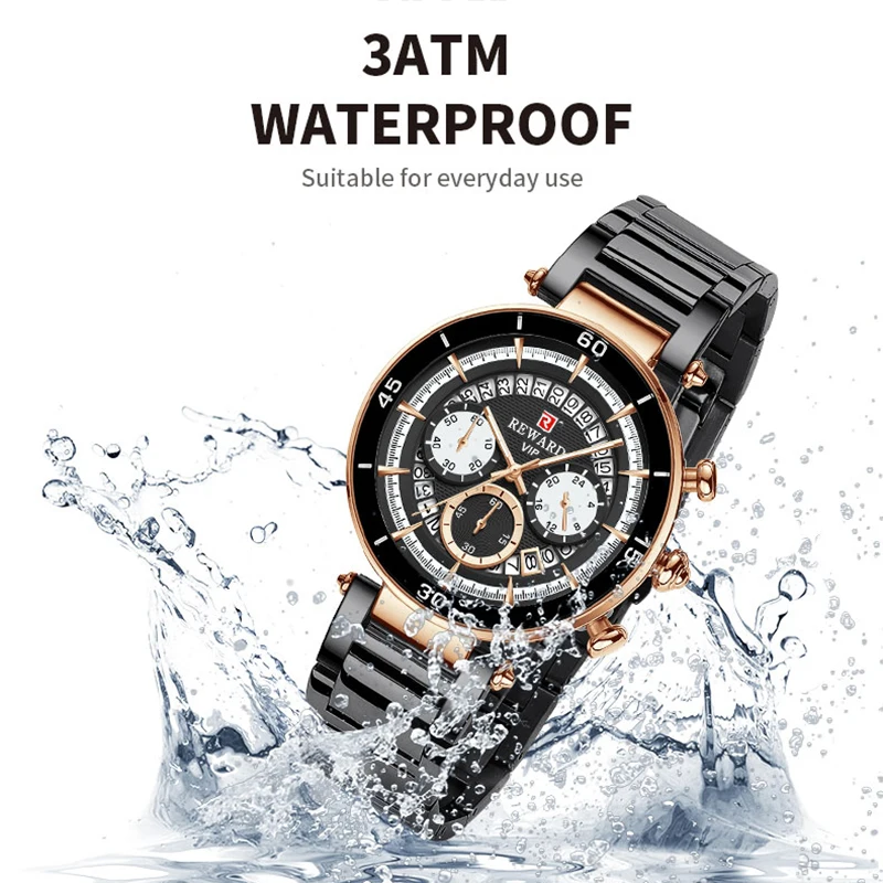 REWARD Men Watches Top Brand Luxury Waterproof Quartz Wristwatch Clock Male Black Stainless Steel Strap Relogio Masculino