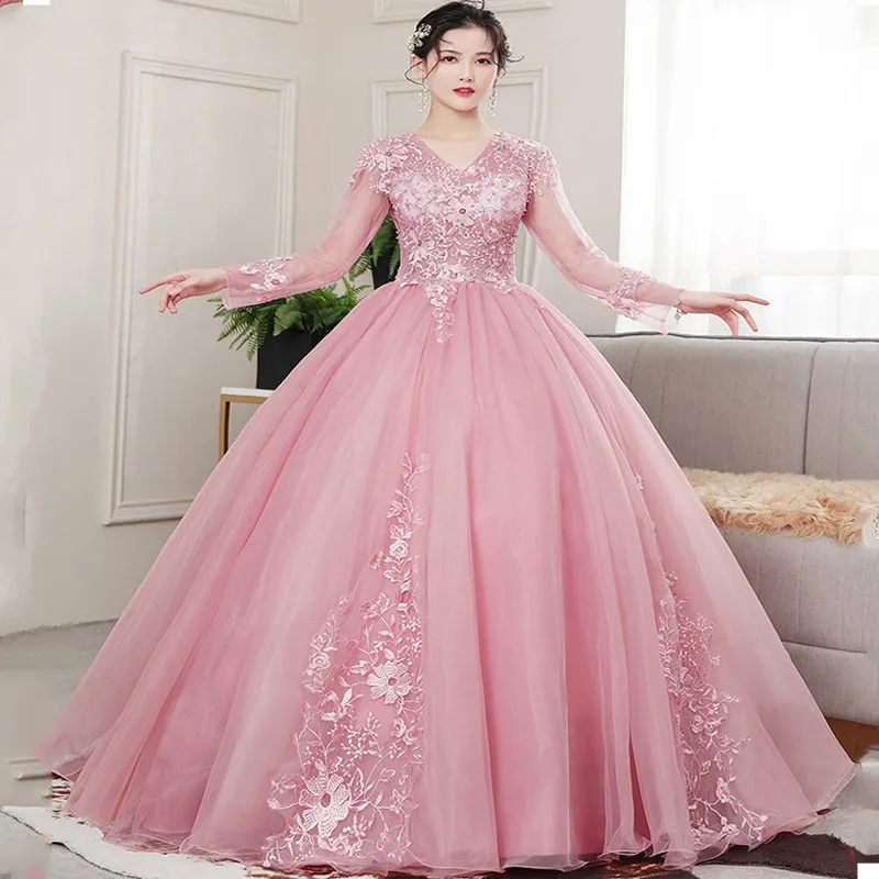 Sukienka na Quinceanera es 2022 szata De Bal na imprezę Bal dekolt w serek z długim rękawem suknia koronka w stylu Vintage haft sukienka na Quinceanera