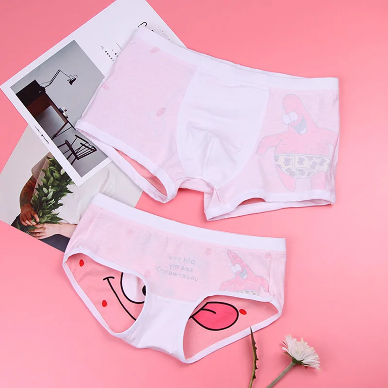 2PCS Couple Panties Cotton Panties Cozy Lingerie Female Underwear Men boxer shorts funny Pink Cute cartoon boxers Lovers