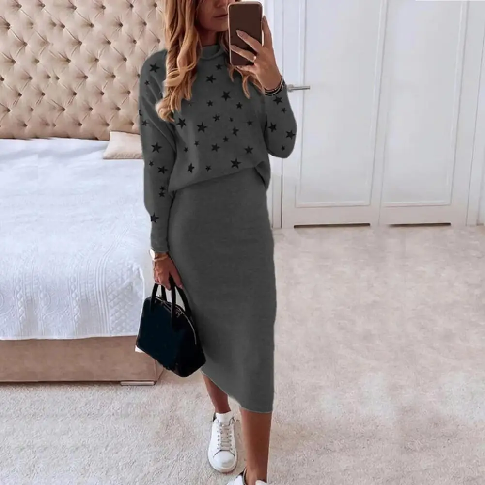 Women Skirt Suit Streetwear Blouse Skirt Lady Turtleneck  Casual Bodycon Mid-Calf Blouse Skirt Костюмы с юбкой костюм женский