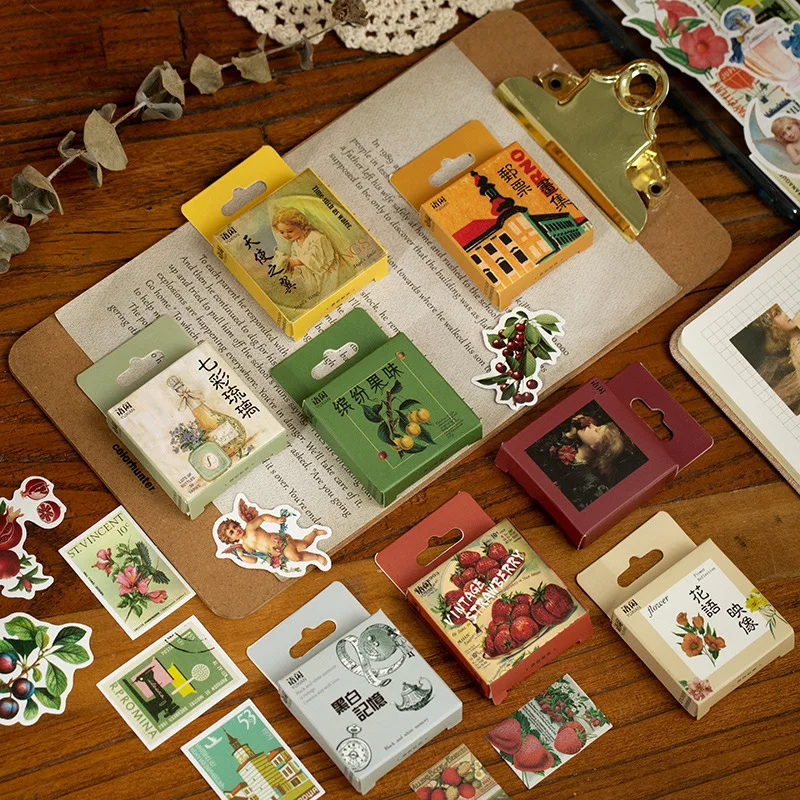 50 Pcs Retro Art Stamp Sticker Stationery Sticky for Diary Deco Supplies Plant Fruit  Label Stickers