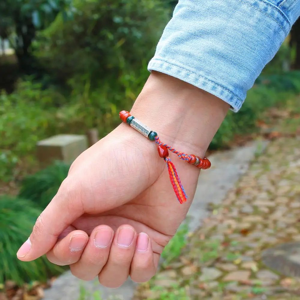 Natural Red Jasperr 6*4mm Beads Simple Bracelet Women Men Six ture words Charm Tibetan Buddhist Handmade Lucky Knots Bangle