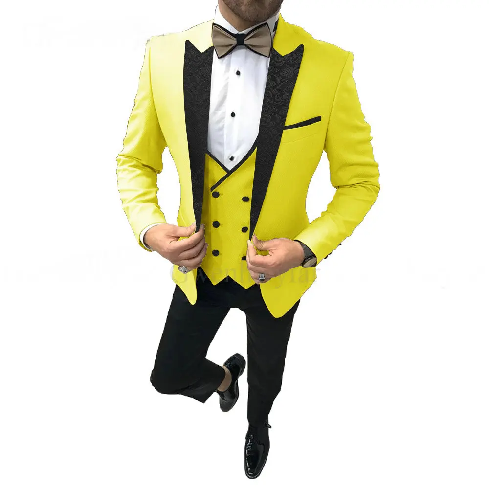 

2020 Latest Coat Pant Designs Italian Yellow Men Wedding Suits Slim Fit Tuxedo 3 Piece Gentlemen Groom Prom Suit Terno Masculino