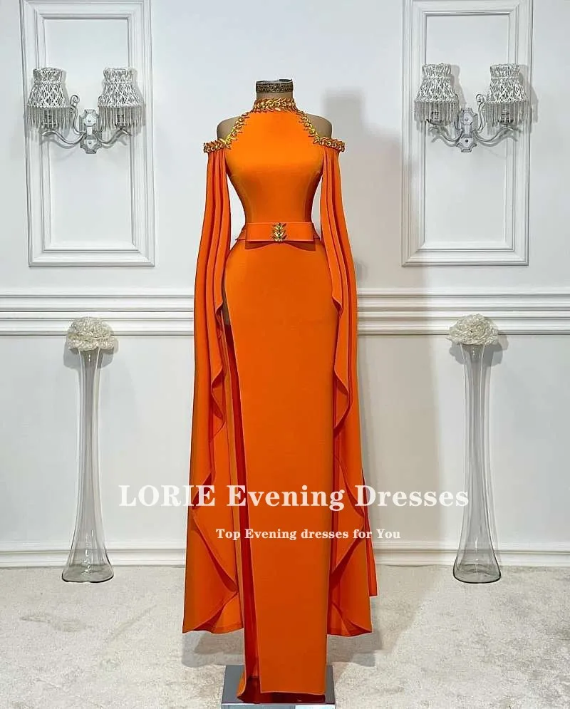 LORIE-vestido de noche naranja con cuello alto y cuentas de diamantes de imitación, manga larga, sirena, fiesta de graduación, 2021