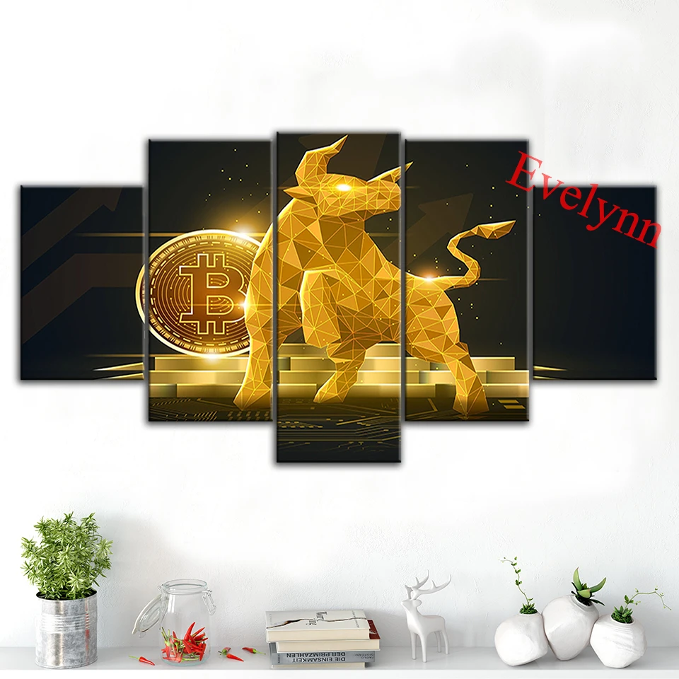 

5 Piece Poster Stock Gold Bitcoin Modern Canvas Graffiti Abstract Wall Art Painting Cryptocurrency Print Wall Decor Office Frame