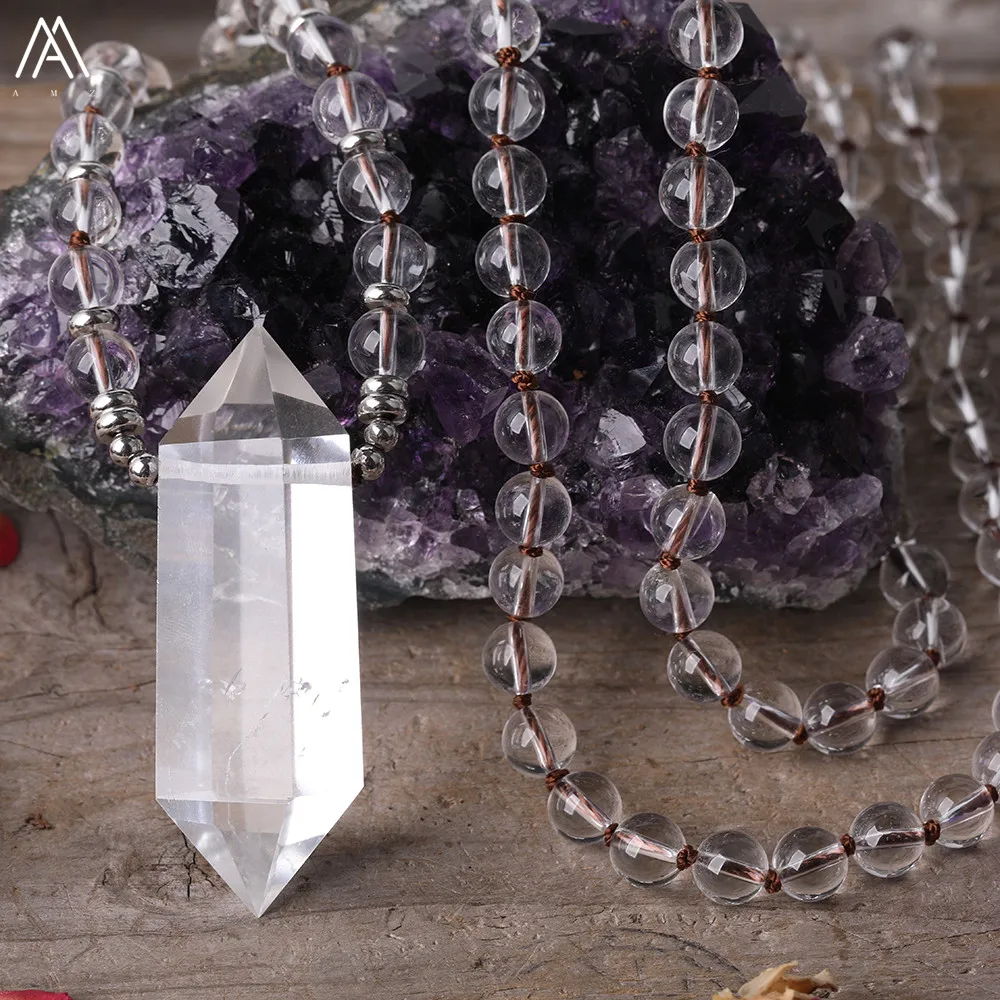 Clear White Quartz Round Beads Mala Necklace Double Point Crystal Prayer Beads Knotted Necklace Fashion Women Yoga Gift