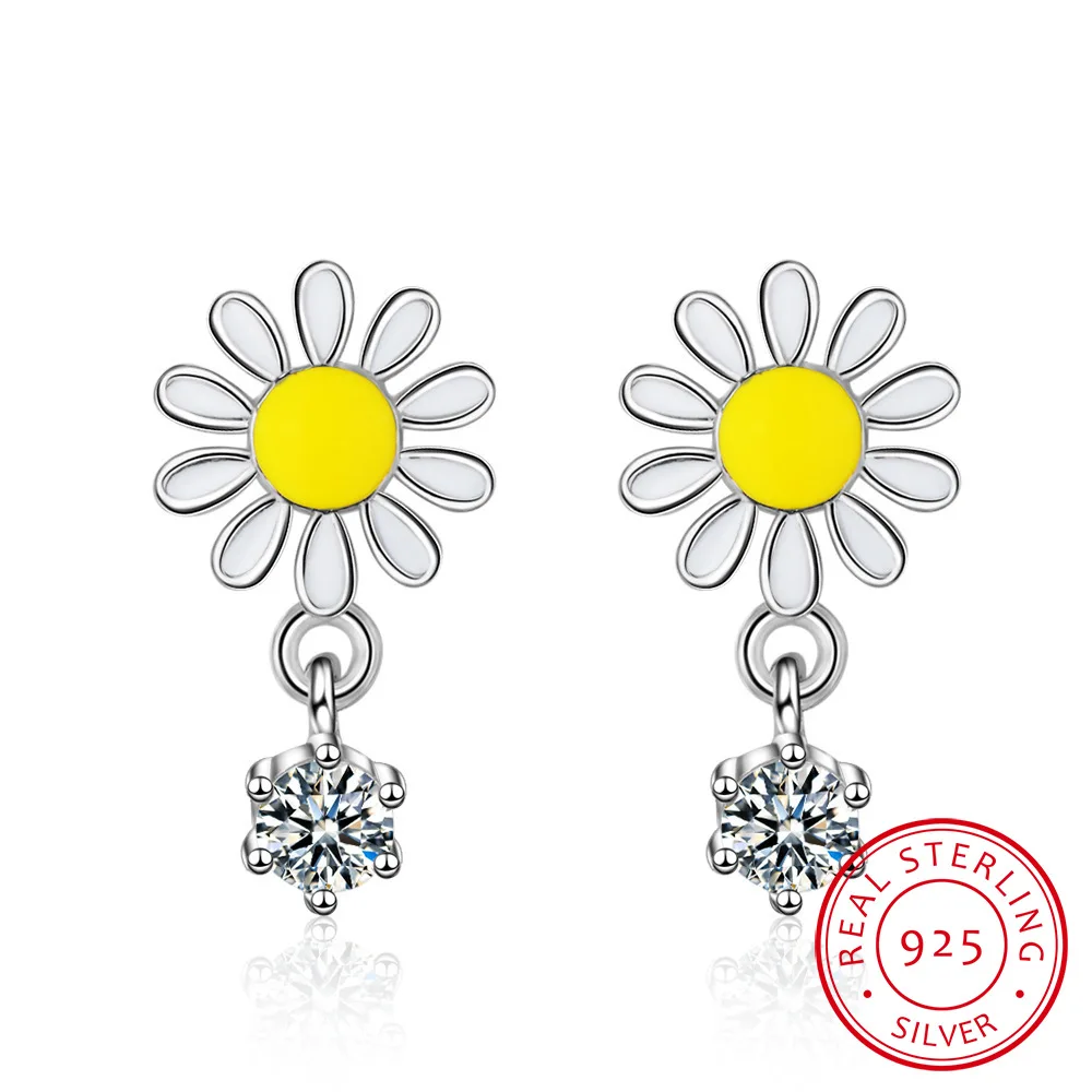 

925 Sterling Silver Daisy Earrings For Women Spring Jewelry enamel Sun Flower Zirconia Tassel Earrings oorbellen S-E759