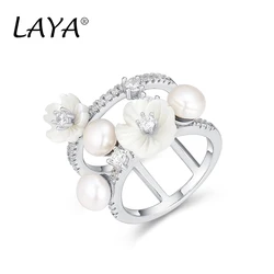 Laya 925 Sterling Silver Summer Hot Style Jewelry High Quality Zirconium Natural Shell Flower Freshwater Pearl Ring For Women