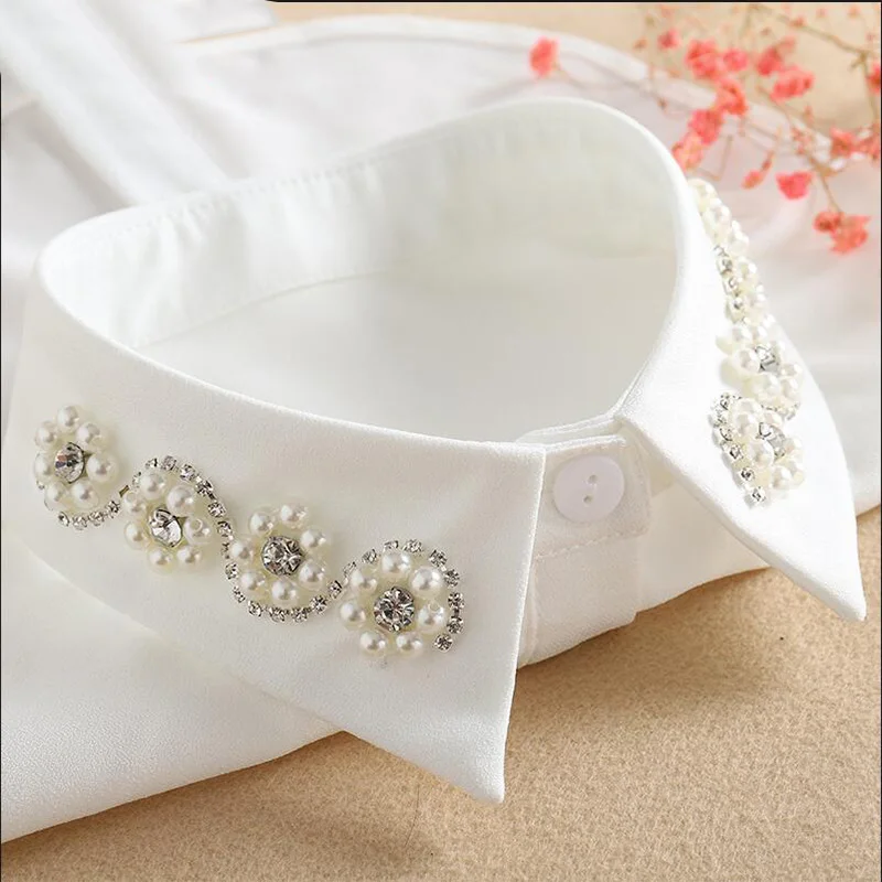 Bead Fake Collar Shirt Women White False Collars Woman Pearl Women Beaded Detachable Collar Necktie Black Chiffon Half Shirt