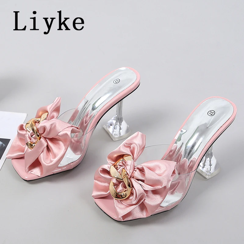 Liyke PVC Transparent High Heels Slippers Shoes Woman Sexy Mules Fashion Polka Dot Bow Designer Sandals Black Blue