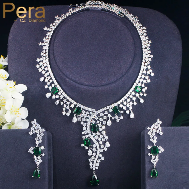 Pera Luxury Green Square Crystal Big Long Statement Water Drop Earrings Necklace Bridal Wedding Prom Jewelry Set for Women J338