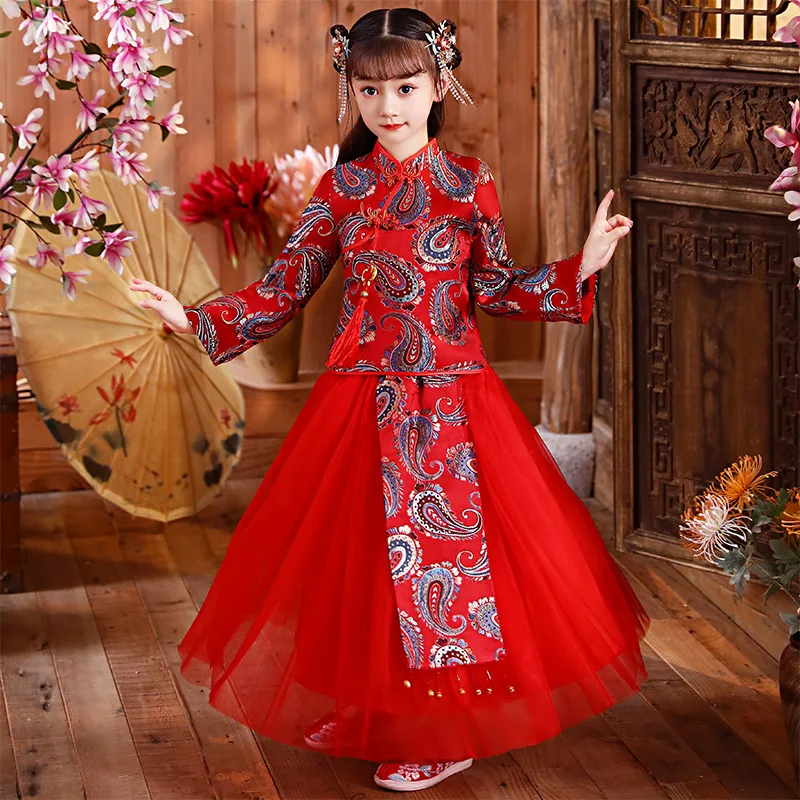 

Autunm Winter Girls Embroidery Chinese Lovely Ancient Hanfu Kids Traditional Tang Suit Children Perform Costumes