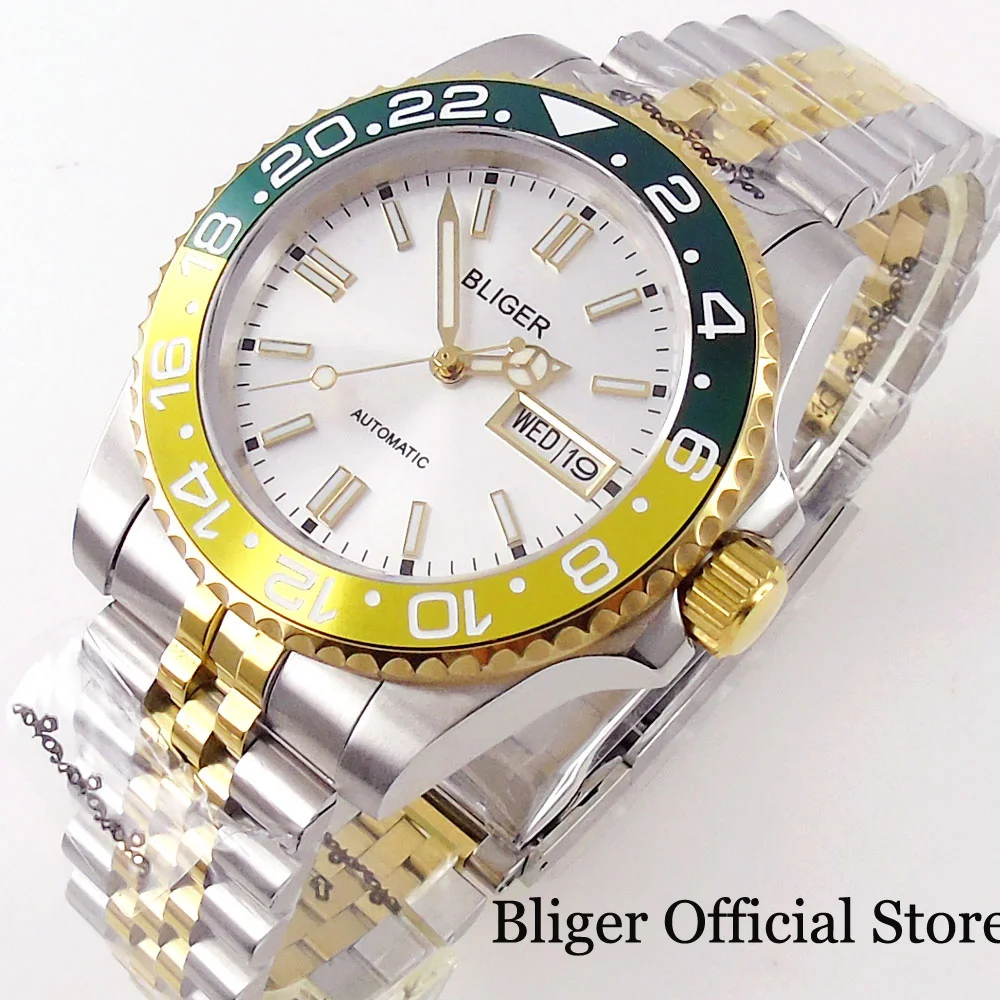 

BLIGER Luxury NH36A Automatic Men Wristwatch Two Tone Gold Jubilee Band Luminous Mark Sapphire Glass Magnifier Green Gold Insert