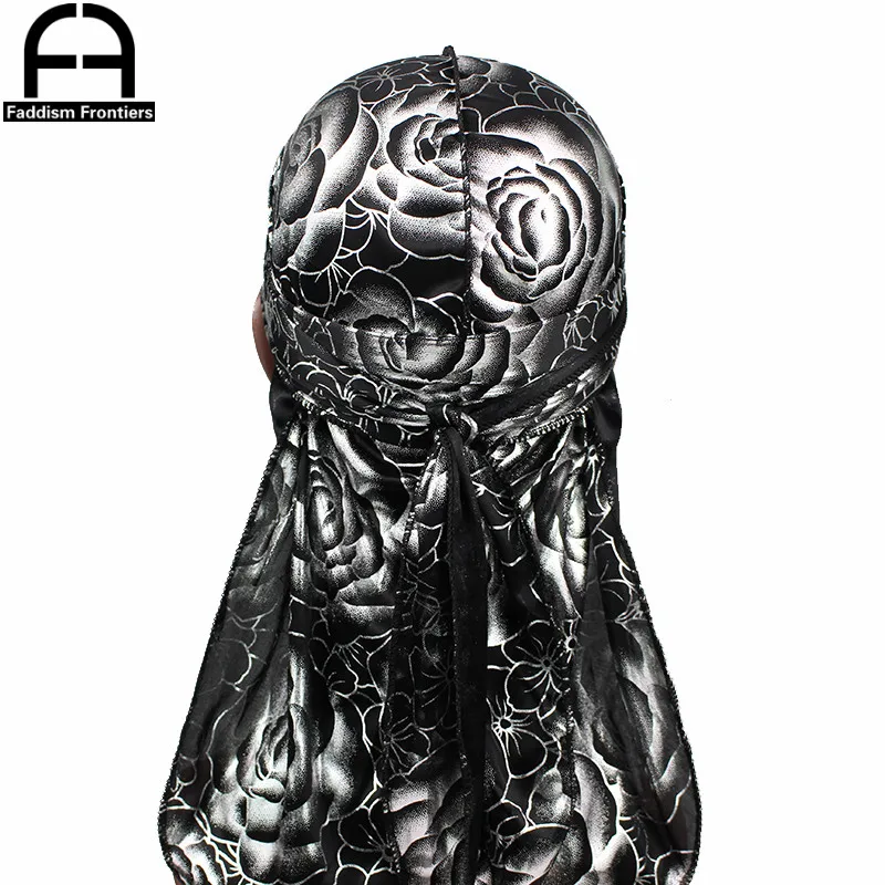 Niestandardowy męski nadruk jedwabisty Durags Turban bandany nakrycia głowy nadruk róży mężczyźni jedwab Durag długie paski fale akcesoria do włosów