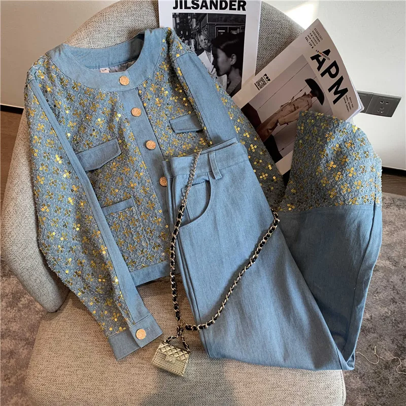 Luxury Design Denim Women Pants Two Piece Set Women Sequined Embroidery Button Jacket Coat + High Waist Wide Leg Trousers Suits