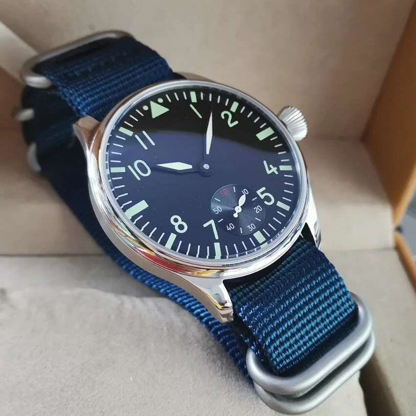 No logo Pilot manual mechanical men\'s Watch 44mm Black dial green number Blue nylon strap Seagull ST3621 movement