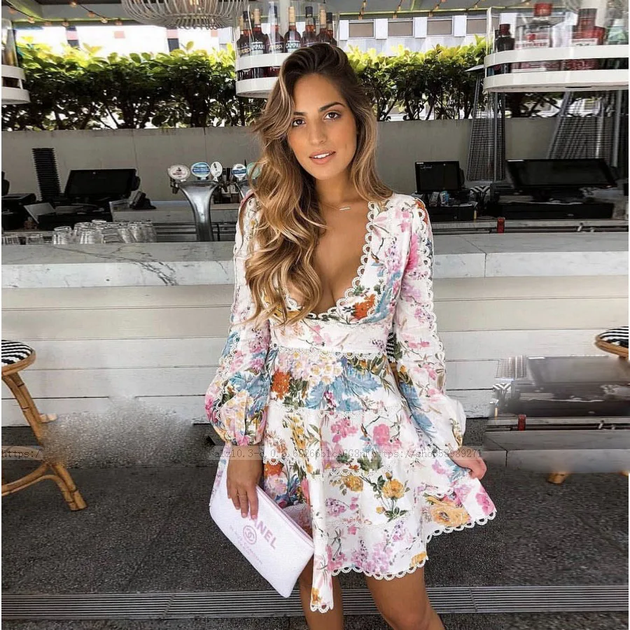 Printed Linen Dress Heather Flounce Short Dress Bohemian Beach Resort Deep V-neck Puff Sleeve Flare Dress