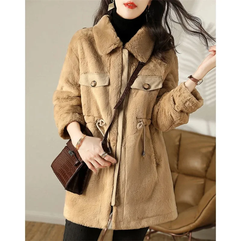 Women 2022 Spring And Autumn New Coat Fashion Design Temperament High-End Faux Fur Jacket Ladies Zipper Blend Wool Jackets Camel