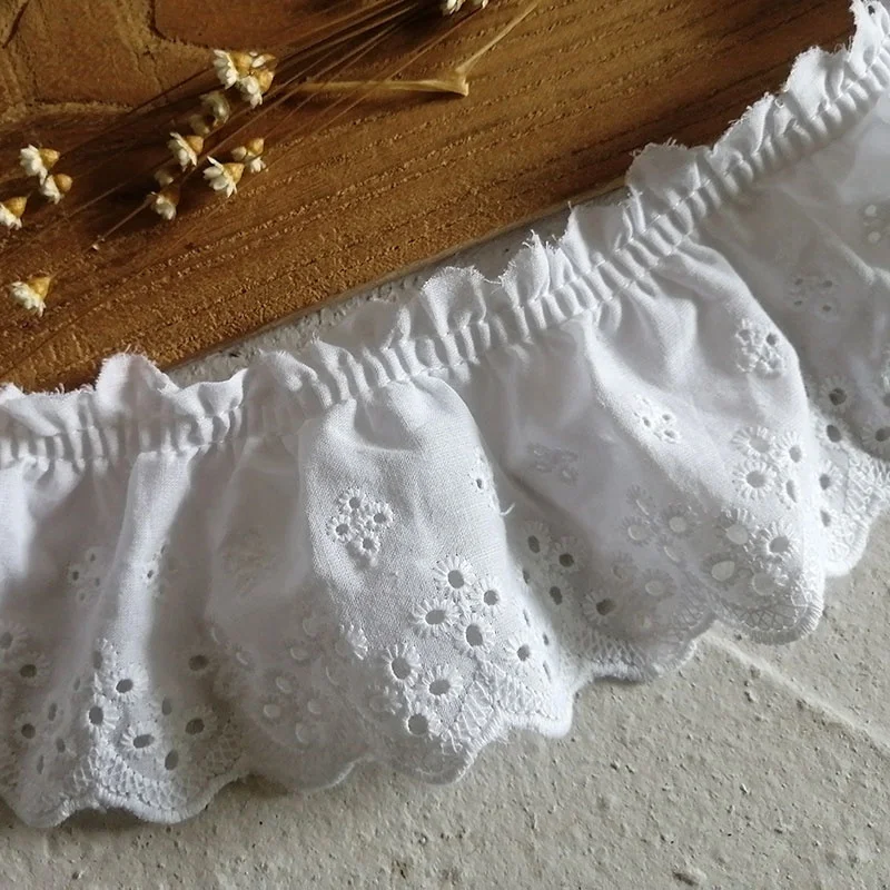 8CM Wide White Cotton Lace Embroidered Fabric Skirt Hem Neckline Cuff Collar Ruffle Trim DIY Dress Apparel Sewing Fringe Ribbon