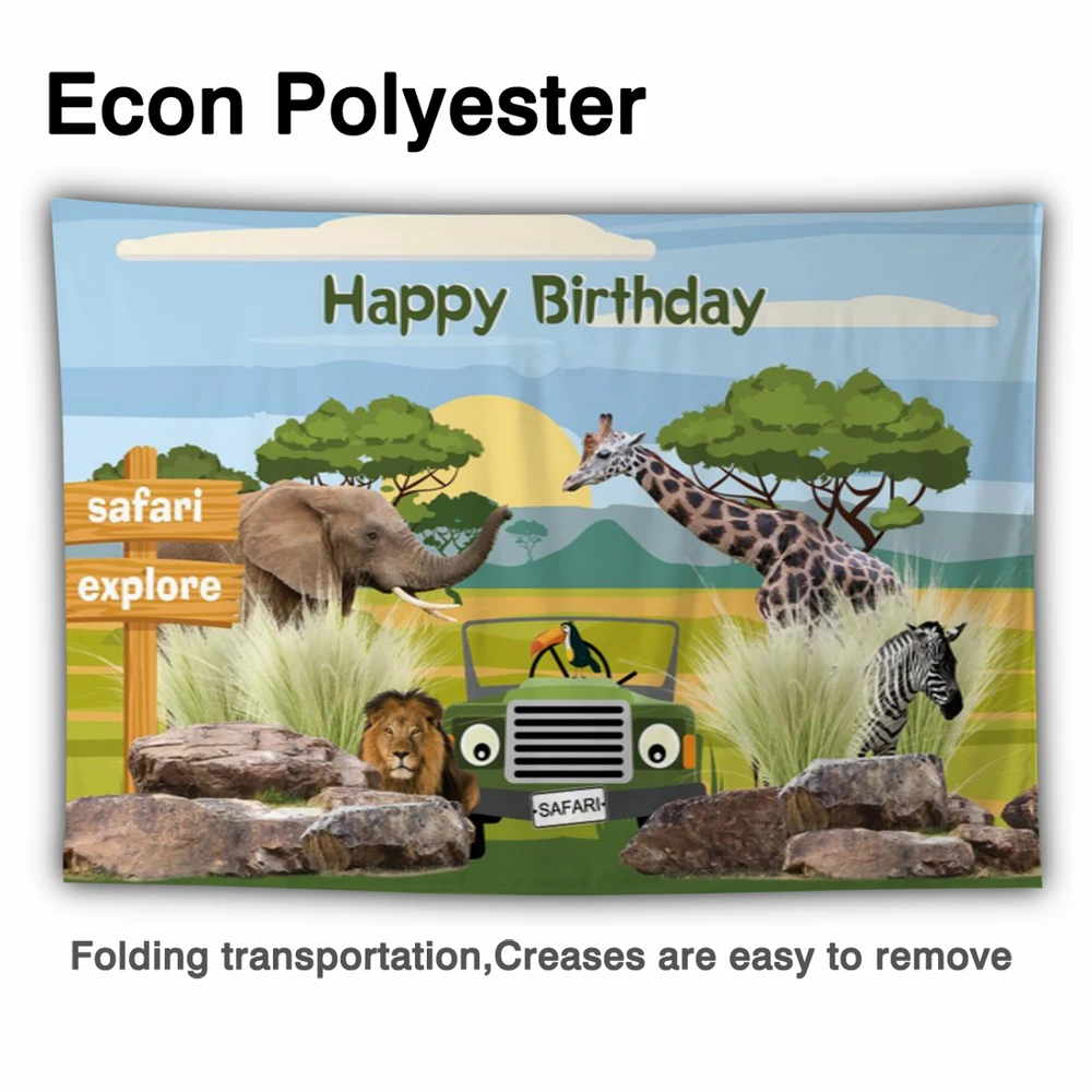 面白い木の安全テーマ誕生日パーティーの背景ワイルドアニマルグラスランドライオン象キリンカスタム装飾写真バナー