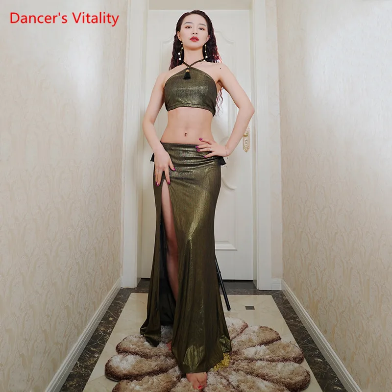 Belly Dance Suit Shiny Top Split Skirt Practice Clothes Set Summer Female Adult Profession Temperament Performance Clothing