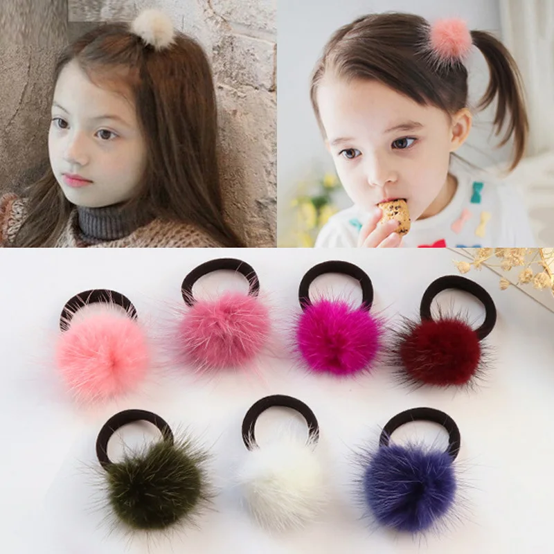 Mini Small Soft Fur Pompom Ball Children Elastic Hair Bands Gripper Pom Hairball Girls Kids Hairband Hair Accessories