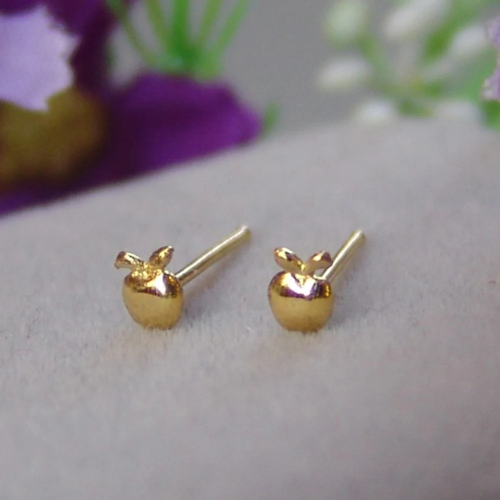 

Fine Pure 24Kt Yellow Gold Earrings Women Smooth Apple Stud Earrings 0.3-0.5g 3.1mmW