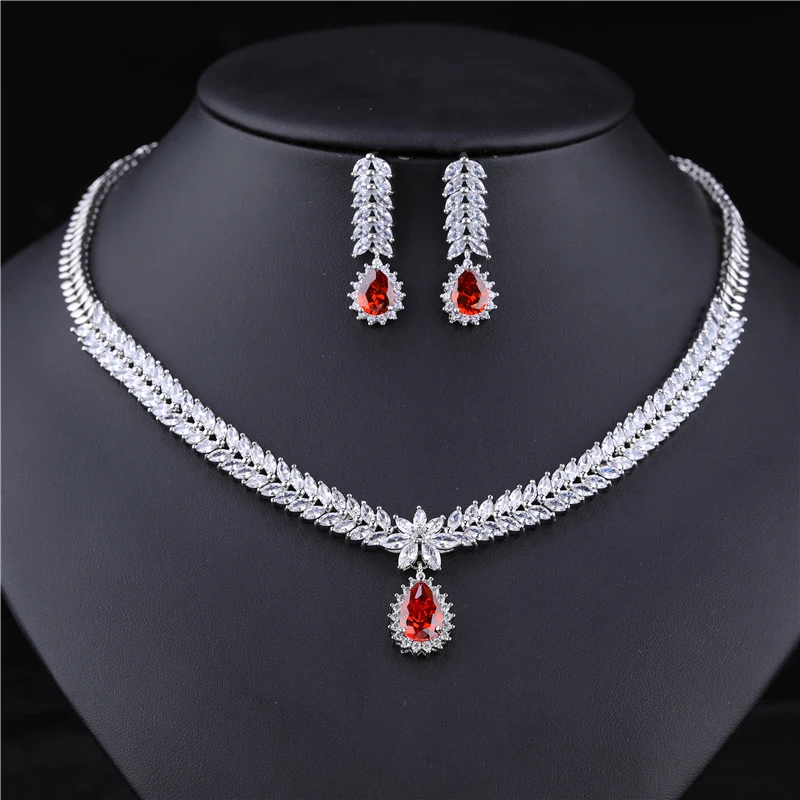 HUAMI Red Pendant Necklace Water Drop Earrings Sets Jewelry Making Accessories For Women Luxury Wedding Earring Bijoux