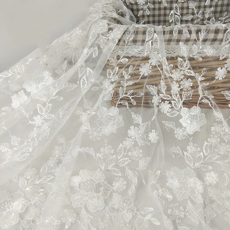 Embroidered sequins mesh lace fabric Embroidered fabric for wedding dress off white 130cm