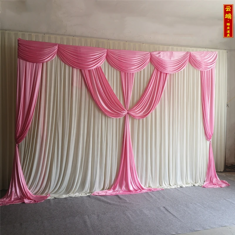 3X6M white and pink wedding backdrop curtain with swag for stage background ice silk curtain drapes panels for event party