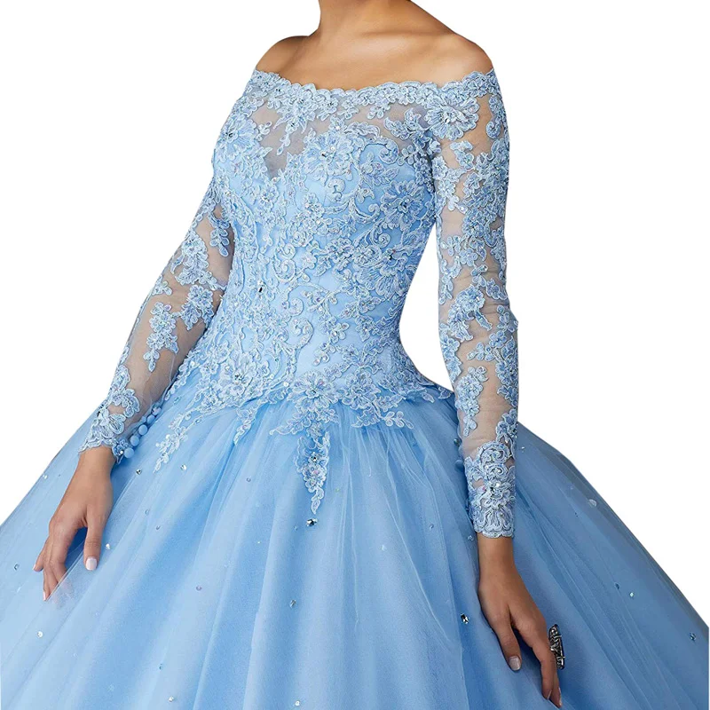 Vestidos de Quinceañera de manga larga con lentejuelas para niña, vestidos de princesa Rosa, con apliques de encaje y cuello Barco, para baile de graduación y boda, 16