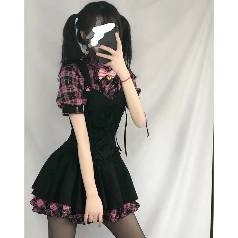 Summer Dresses for Women Plaid 2021 Kawaii Pink Clothes Short Sleeve Strap Midi Dress Lolita Harajuku Cottagecore Robe Y2K