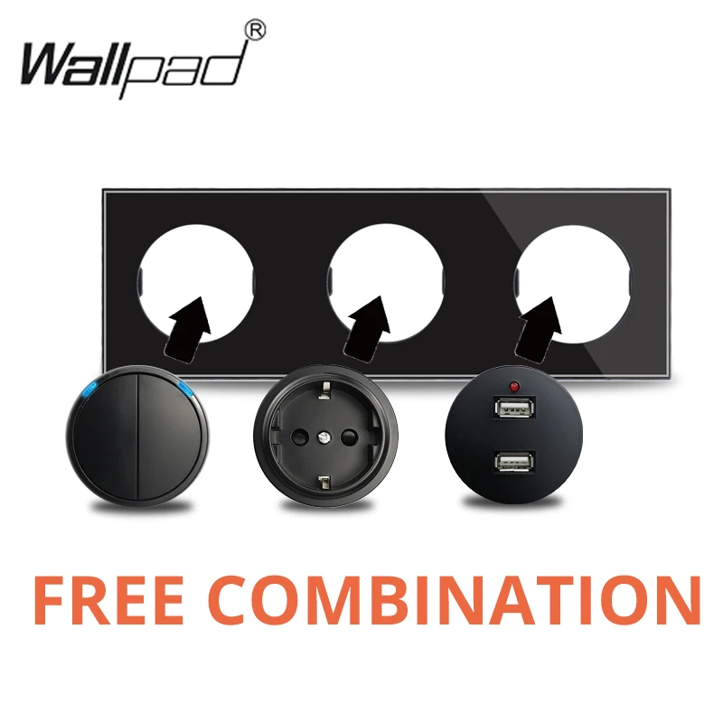 EU French Wall Socket Black Glass Plate Power Outlet USB Charger RJ45 CAT6 HDMI-compatible Audio Modules Free Combination L6
