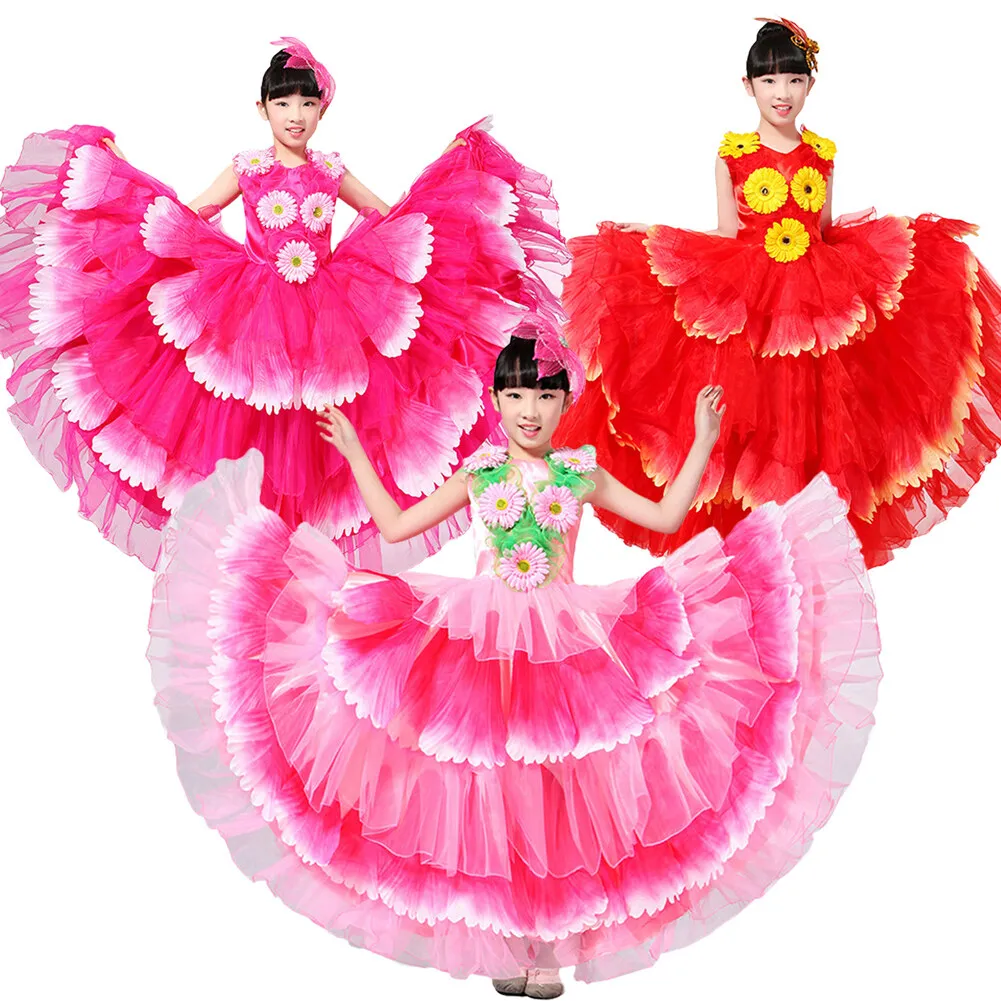 

Kids Opening Dance Big Swing Floral Dresses Girl Petal Princess Tulle Girls Long New Year Festival Stage Performance Costume