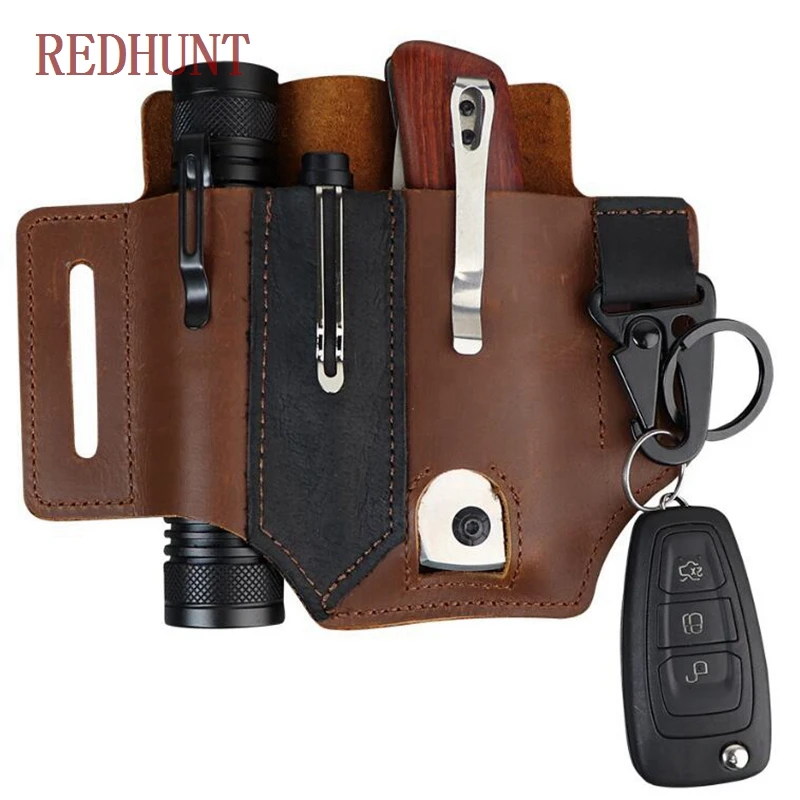 Outdoor EDC Leather Sheath Pocket Multifunction Portable Tool Storage Bag Tactical Flashlight Case for Hunting Camping