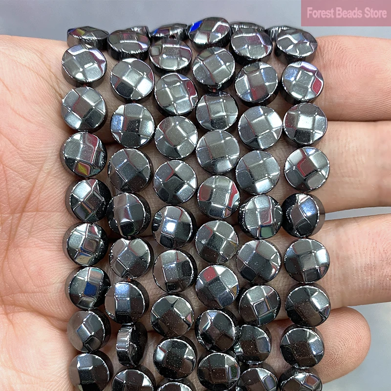 Natural Stone Faceted Round Cake Shape Hematite Loose Beads for Jewelry Making DIY Necklace Bracelet Earring 15'' Inch 4/6/8mm