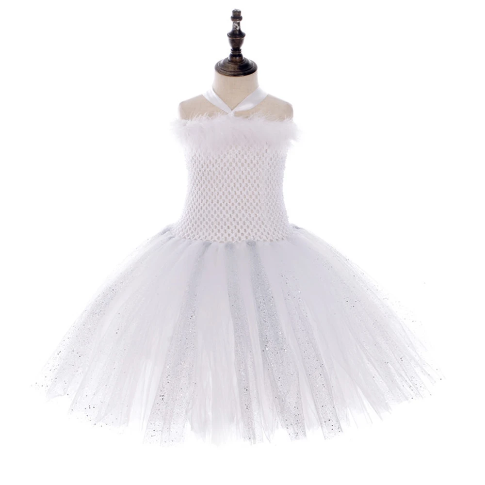 Silver Sequins White Angel Wings Tutu Dress for Girls Princess Christmas New Year Costumes Kids Girl Fairy Dresses for Birthday