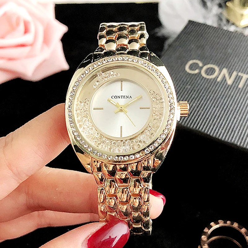 New Brand Contena Luxury Gold Watch Women Watches Rhinestone Women's Watches Ladies Stainless Steel Quartz-watch Female Clock