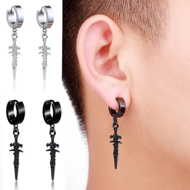 New Arrival Korean Boy Black Stainless Steel Earring Sword Cross Pendant Without Pierced Ear Clip Cool Girl Men's Party Gifts